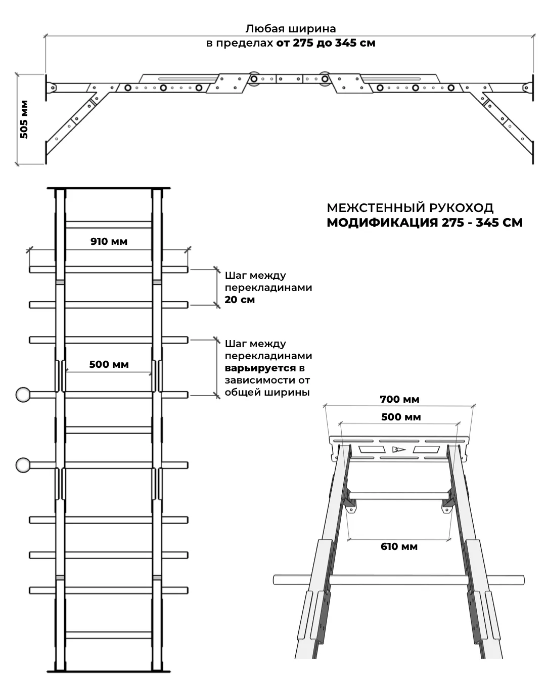 Чертежи межстенного рукохода Canpower, модификации 275-345 см